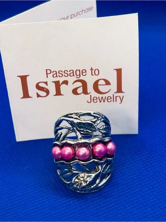 Passage to Israel Silver Leaf Ring with Pink Pearls - Picture 1 of 5
